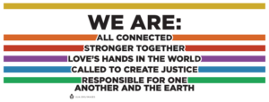Black text on white background with rainbow stripes reading We Are: All Connected, Stronger Together, Love's Hands in the World, Called to Create Justice, Responsible for One Another and the Earth