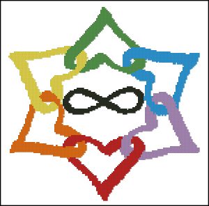Six linked hearts in a rainbow of colors surrounding a black infinity symbol