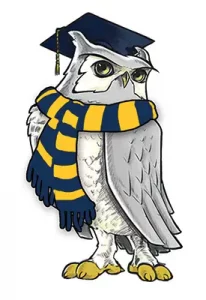 Cartoon owl wearing a blue mortarboard and a blue and yellow striped scarf